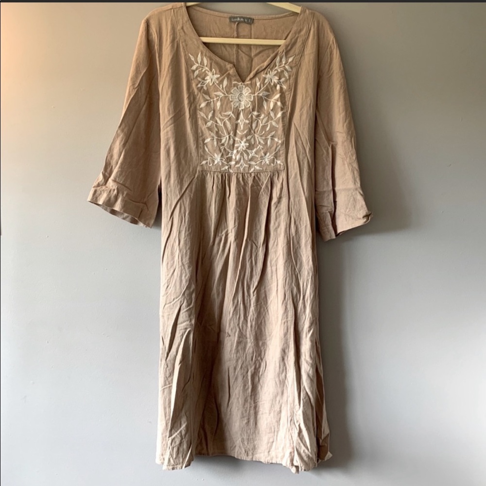 Embroidered V-Neck Midi Dress in Beige